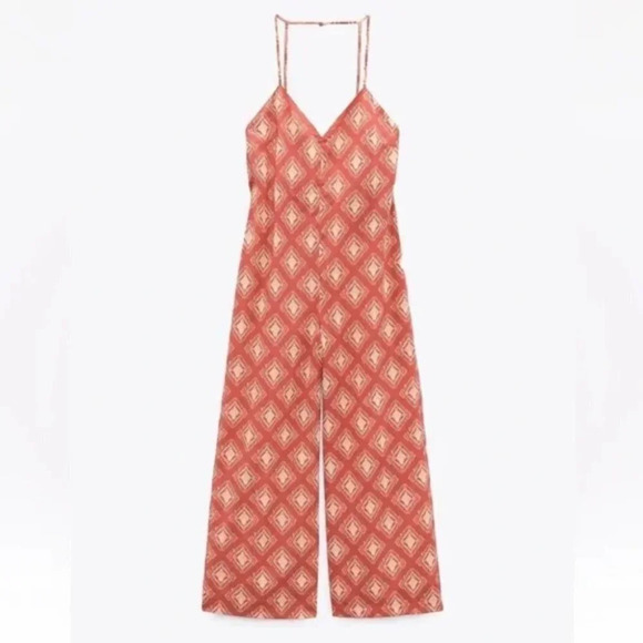 Zara Terracotta Printed Jami Wide Leg Boho Jumpsuit NWT Size XL Blogger Fav - Picture 7 of 12